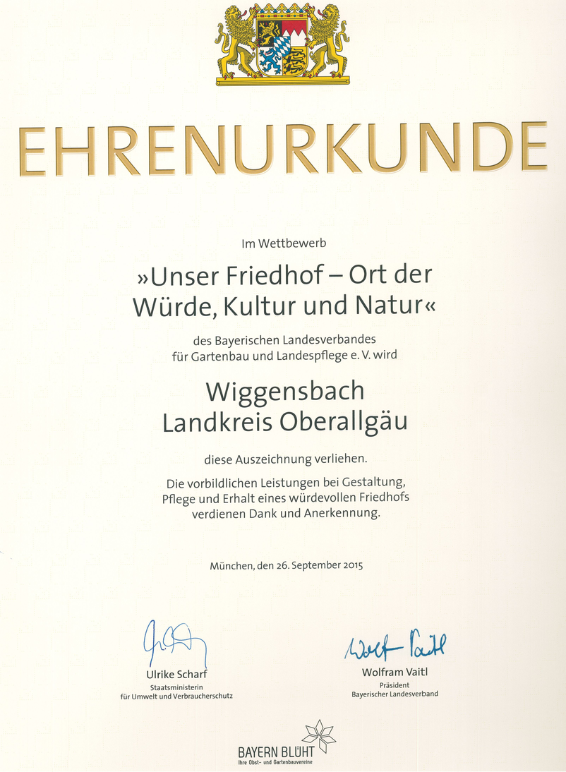 Auszeichnung „Unser Friedhof – Ort der Würde, Kultur und Natur“